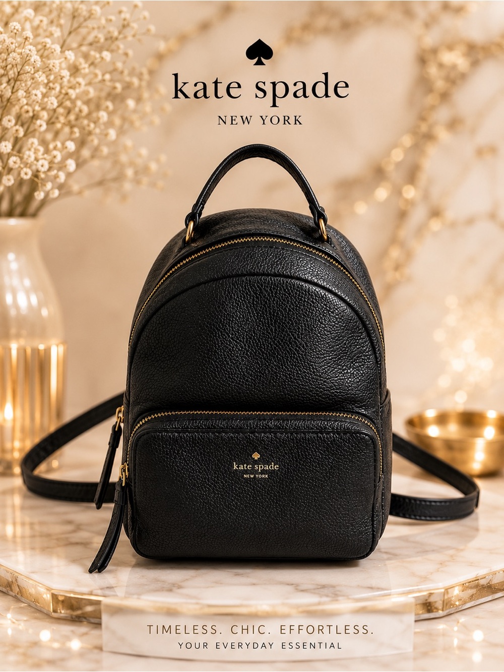 Kate Spade Black Leather Mini Backpack Gold Hardware Travel Purse - Picture 3 of 14